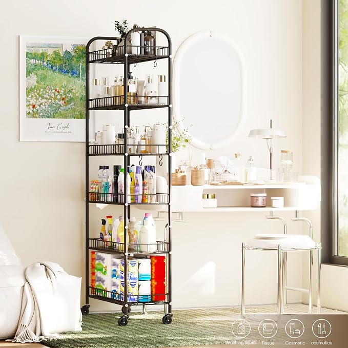 6-Tier Slim Storage Cart, Rolling Kitchen Cart with Wheels, Narrow Metal Shelf Organizer with Hooks for Kitchen, Bathroom, Living Room, Laundry, Small Spaces (Black, 10 in)