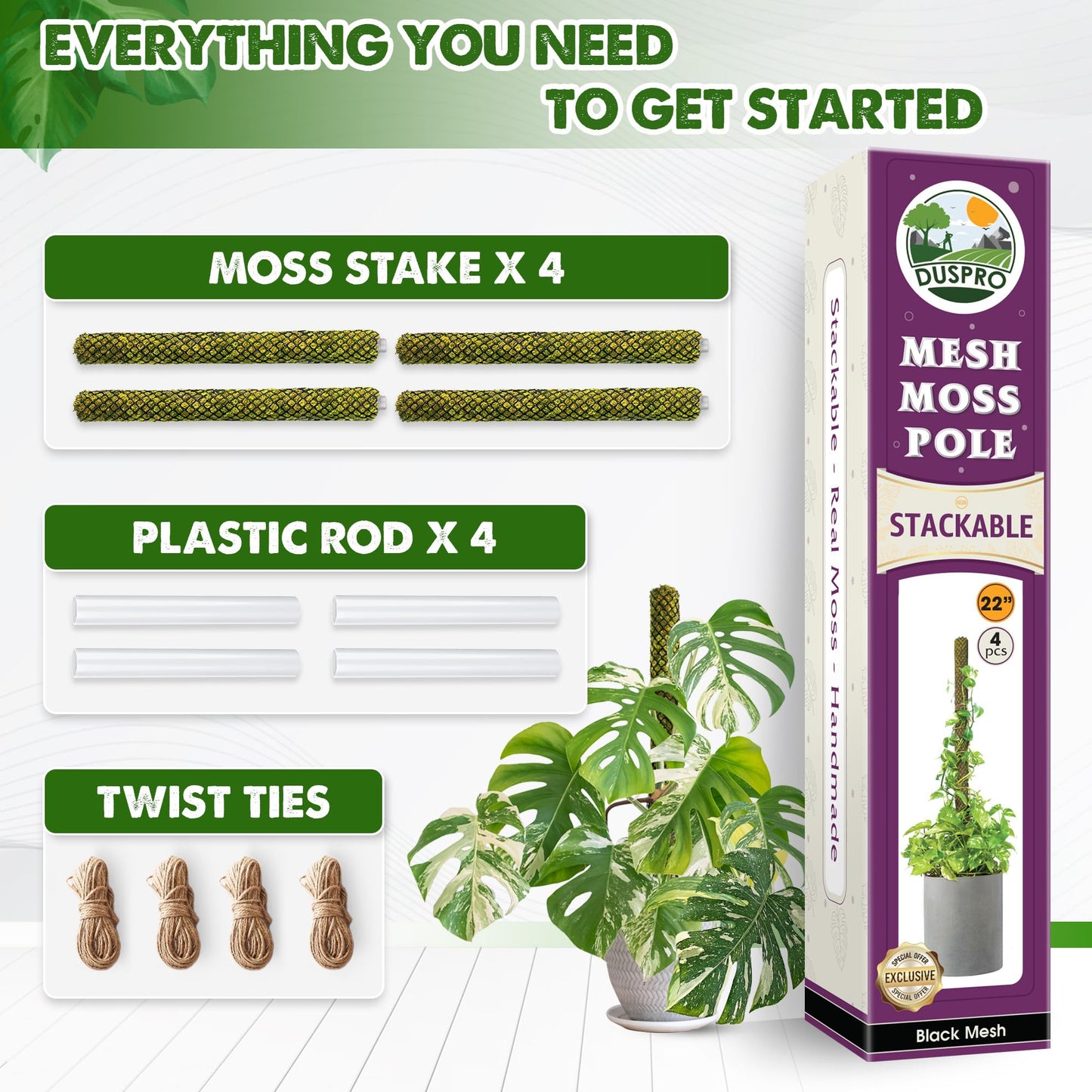 DUSPRO 4 Pack 22" Black Stackable Mesh Moss Pole for Plants β Extendable Up to 71", Natural Forest Moss Pole Monstera Plant Support, Moss Stick for Climbing Plants, Indoor Plant Stakes Accessories
