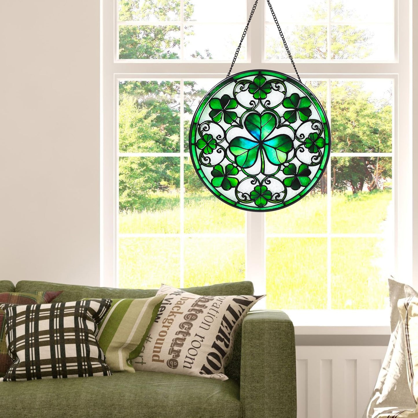 Wkyqes Ireland Green Lucky Clover Stained Glass Window Hanging Suncatcher with Chain - 7.9" Irish Shamrock Outdoor/Indoor Art Decor for Home Garden, St. Patrick's Day, Mother's,Ornaments Present