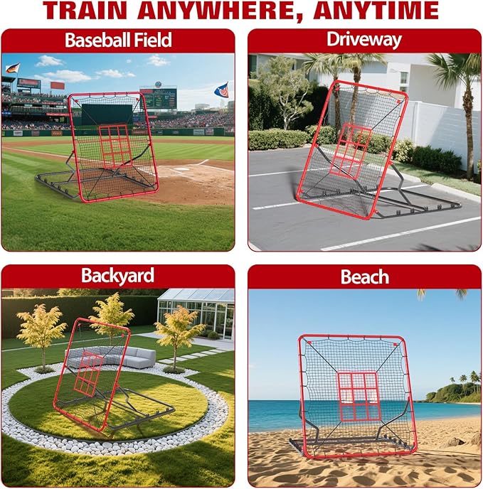 Baseball Rebounder Net 4x4.5Ft, 5 Adjustable Angles Pitching & Batting Trainer, Heavy Duty UV-Resistant Bounce Back Net, Solo Fielding Trainer for Baseball Softball Hitting, Durable Net for Outdoor Pr