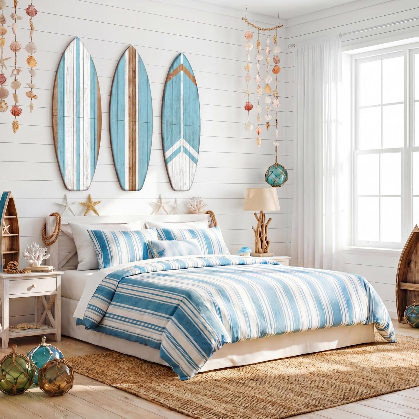 Yookeer 3 Pcs Surfboard Wall Decor,36" x 12" Large Wooden Surfboard Wall Art Set, Beach Room Decor Aesthetic Cute Beachy Tropical Surf Board Art for Surfer Bedroom Decoration(Blue,Cute)