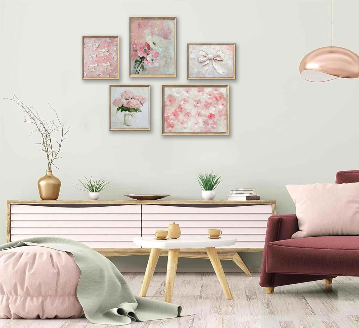 YFTTRYZ 5Pcs Pink Nursery Flower Wall Art Floral Bow Wall Decor Pink Hydrangea Posters Coquette Aesthetic Pictures Girl Room Prints for Girls Bedroom Dorm Apartment Home Unframed