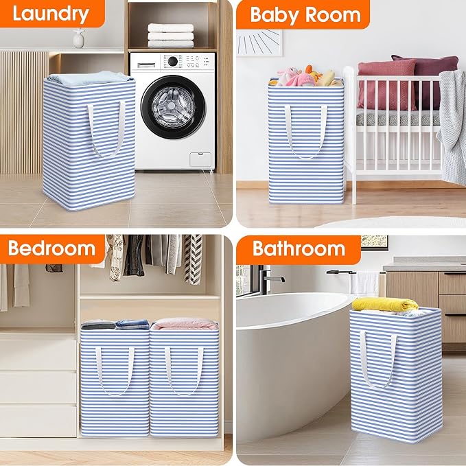 3 Pack Large Laundry Basket,Waterproof & Freestanding Laundry Hamper,Collapsible Clothes Hampers with Easy Carry Long & Reinforced Handles in Bathroom,College Dorm(100Lx3,Blue)