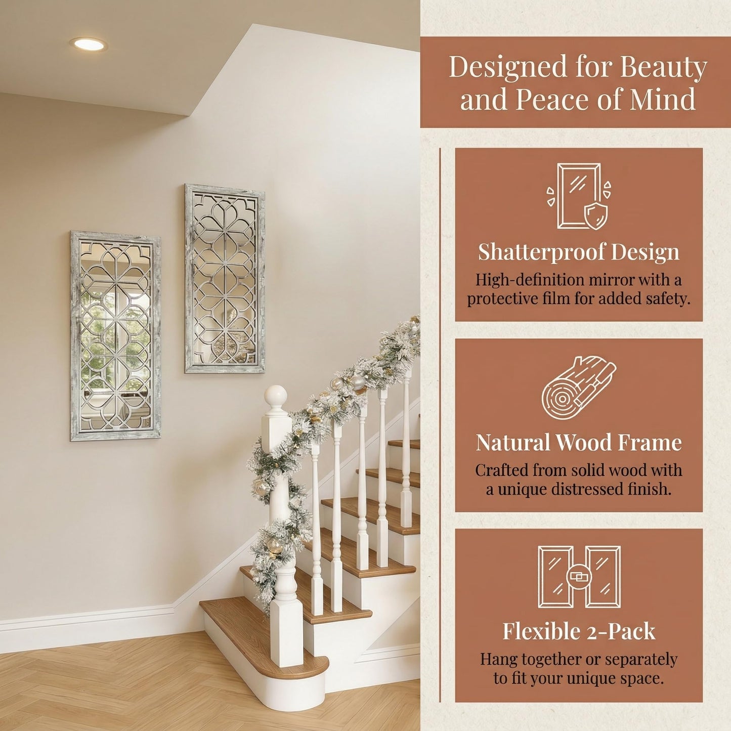 HMANGE Set of 2 13x30 Inch Large Grey Shatterproof Carved Floral Wood Frame Wall Mirrors, Boho Farmhouse Rustic Accent Mirrors for Living Room Bedroom Bathroom & Home Decor