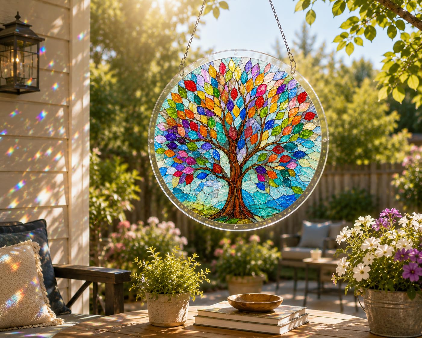 Stained Glass Tree of Life Suncatcher - Acrylic Jigsaw Puzzle Kit for Adults - Window Hanging Decor with 11 Unique Blessing Pieces - Rainbow Maker Memorial Gifts, Garden Art (9in)