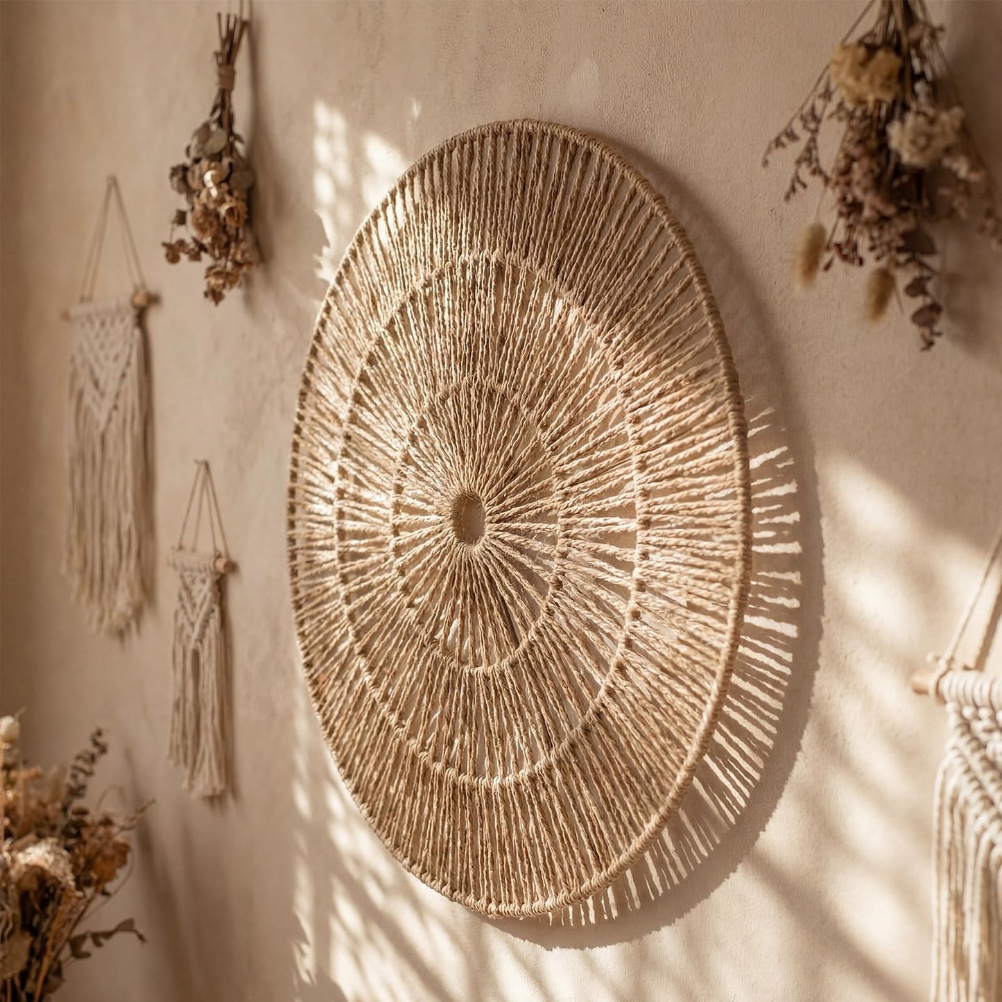 Yerliker 9 Pack Wicker Jute Wall Decor Baskets - Wicker Woven Jute Wall Mirrors Baskets Decorative Boho Hanging Woven Basket, Rustic Round Mirrors Natural Home Decor Set for Bedroom Living Room
