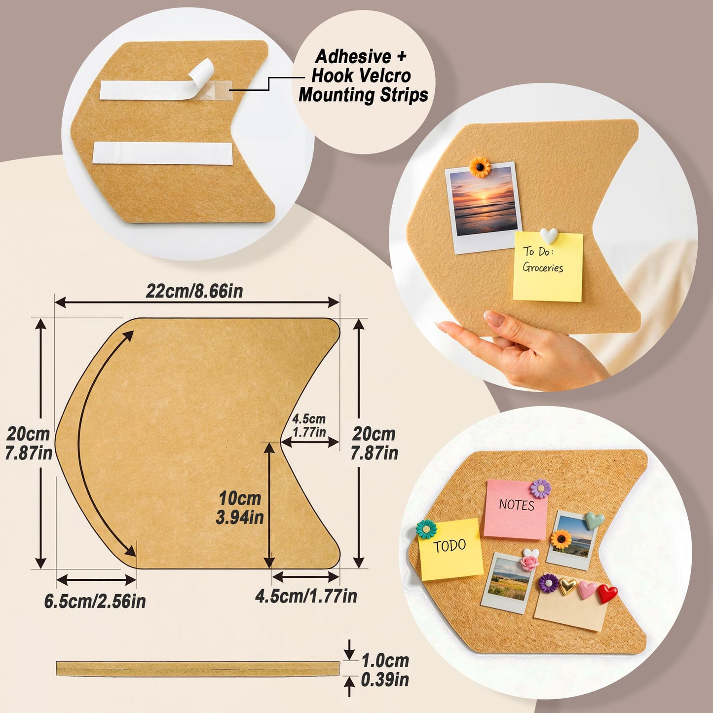 5 Pack Cute Cork Board Tiles,Shaped Felt Bulletin Board Tiles with No Damage Adhesive Strips,Pin Cork Board Alternative,Cubical Wall Art Decor Bulletin Board for Office,Classrooms,Home (Boho Style)