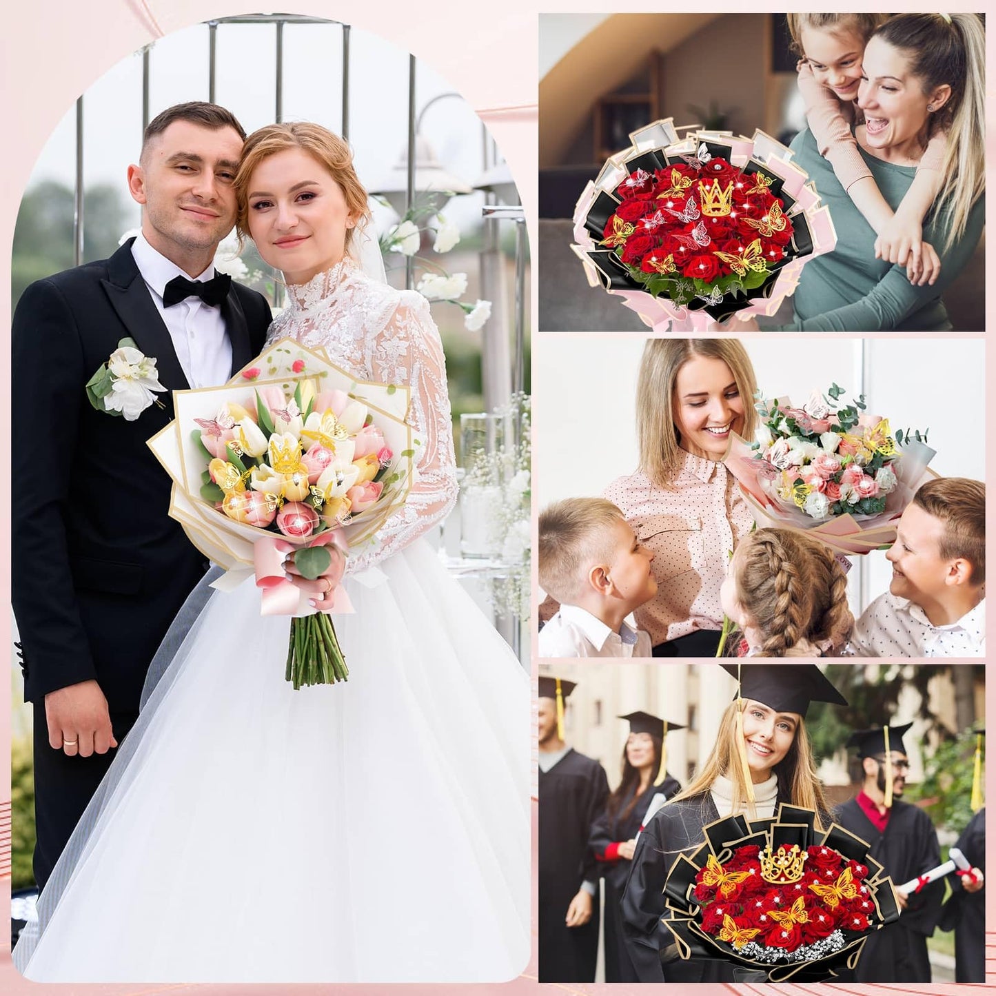 449Pcs Flower Bouquet Wrapping Accessories with Floral Wrapping Paper Gold Crowns Butterfly Decorations Gem Pins and Wooden Sticks, Ribbons for Money Bouquet Mother's Day Baby Shower Graduation