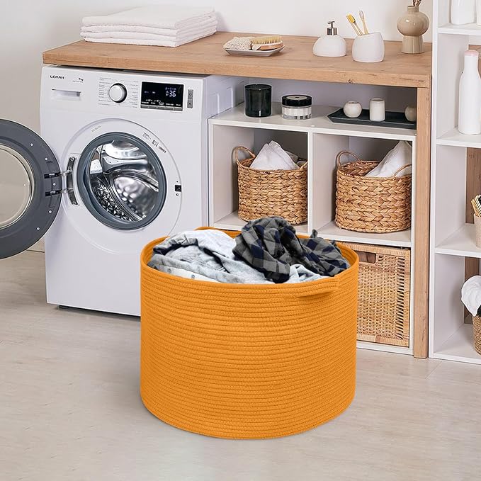 MEGASKET Extra Large Orange Basket, 22" X 22" X 14" Woven Cotton Rope Bins for Blankets, Baby Nursery Wicker Laundry Towel Basket, Kids Dog Toy Storage Box, Big Orange Living Room Decor Organizer