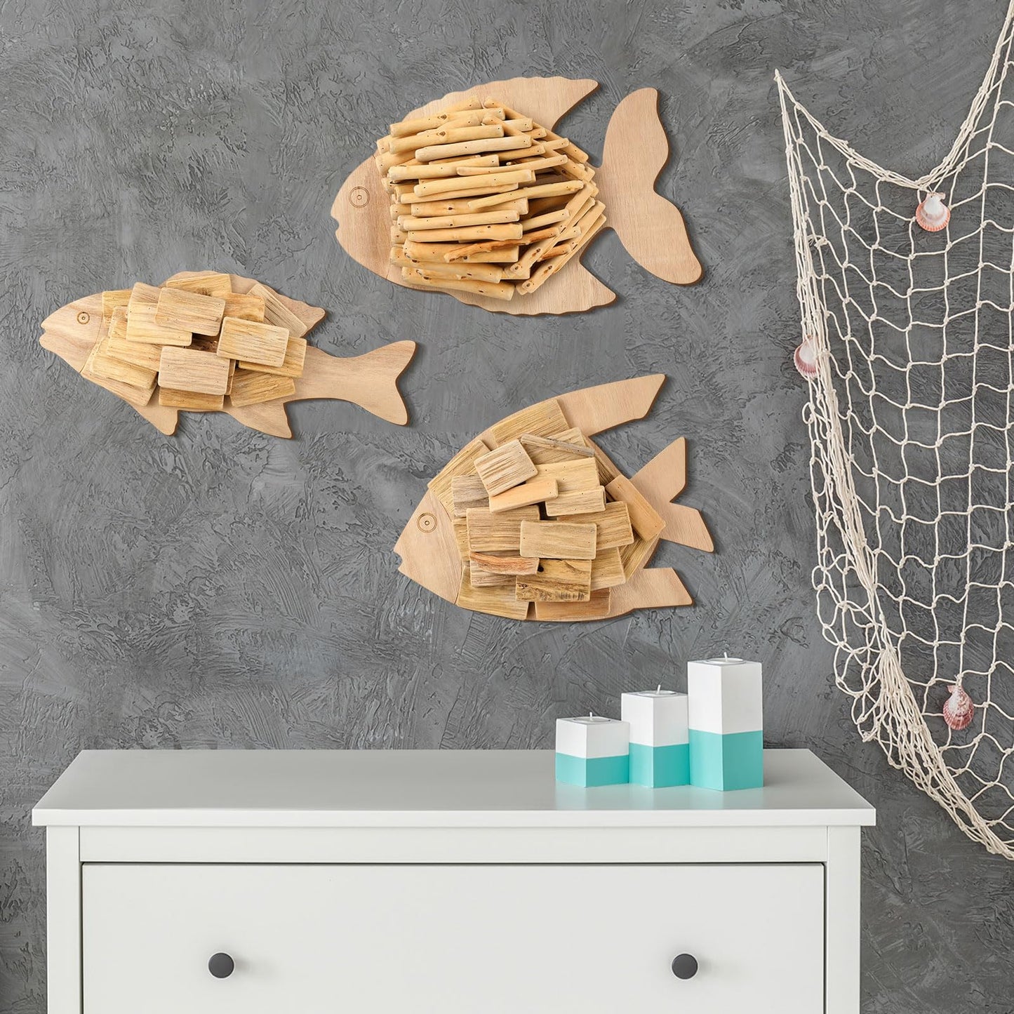 Wesiti 3 Pcs Beach Coastal Wall Decoration Driftwood Fish Nautical Wall Art Hand Crafted Coastal Beach Driftwood Handmade Wooden Decor for Home Living Room Bedroom Office Bathroom