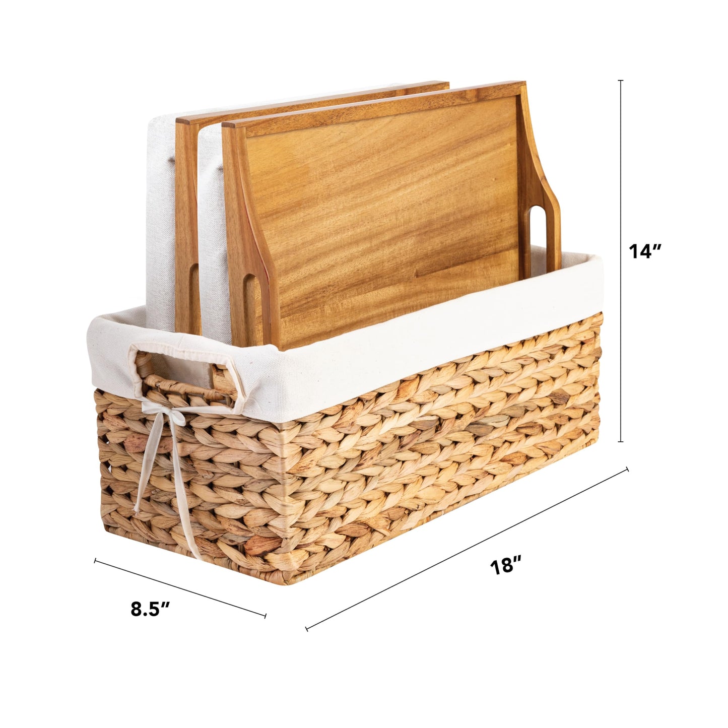 ROSSIE HOME Acacia Wood Bed Tray, Lap Desk - Set of Two - with Hyacinth Storage Basket - Natural - Fits up to 15.6 Inch Laptops - Style No. 70106
