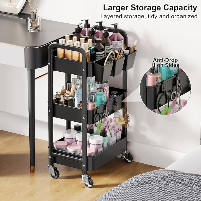 3 Tier Rolling Cart with Lockable Wheels, Metal Diaper Caddy Cart Organizer for Baby Essentials, Black Storage Utility Cart for Craft, Snack, Rolling Carts with Wheels for Lash Techs, Art, Bathroom