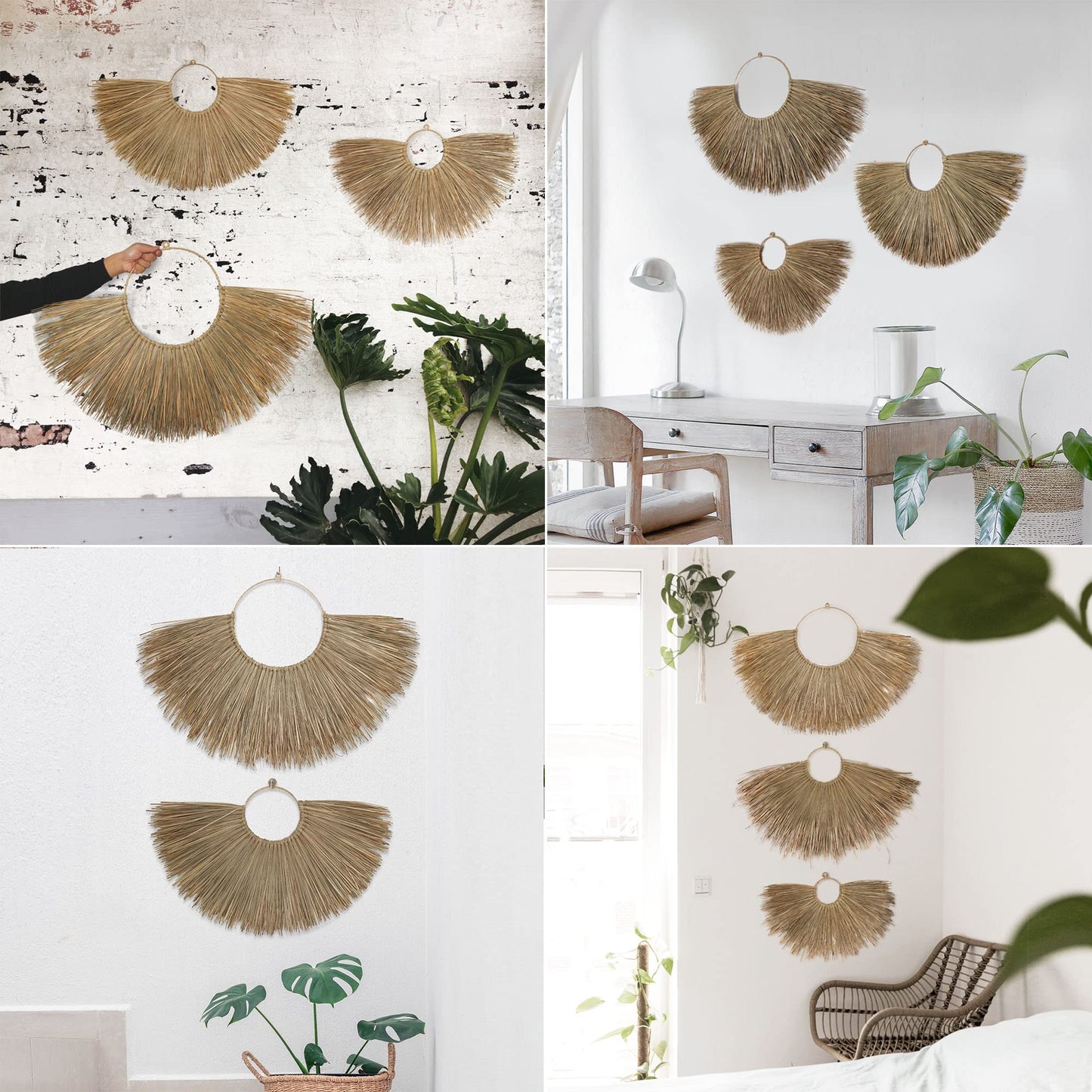 PEMAR Rustic Boho Wall Hanging Decor: Set of 3 Woven Seagrass Fans - Perfect for Living Room, Bedroom & Headboard Art (XL: 35.4" D, L: 27.6" D, M: 19.7" D)
