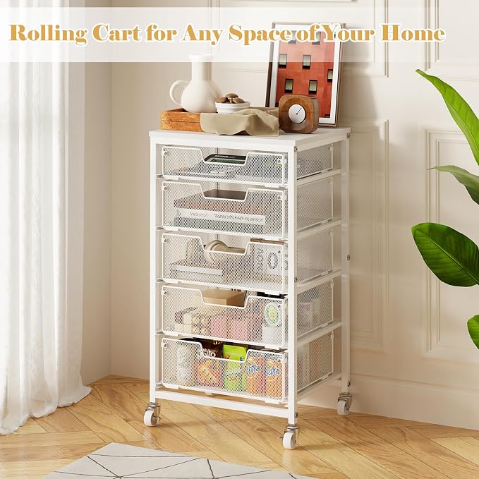 Sbanmao Utility Cart with 5 Drawers, Rolling Storage Cart with Wooden Tabletop and Lockable Wheels, Storage Drawer Cart with Drawers, Craft Cart for Bedroom, Classroom, Home, Office, White