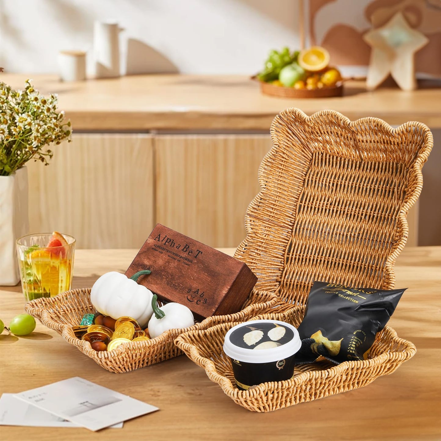 Jucoan 3 Pack Poly Wicker Bread Baskets, Imitation Rattan Fruit Baskets, Rectangular Tabletop Woven Serving Baskets Trays for Fruits Vegetables and Snacks, Restaurant Hotel Kitchen