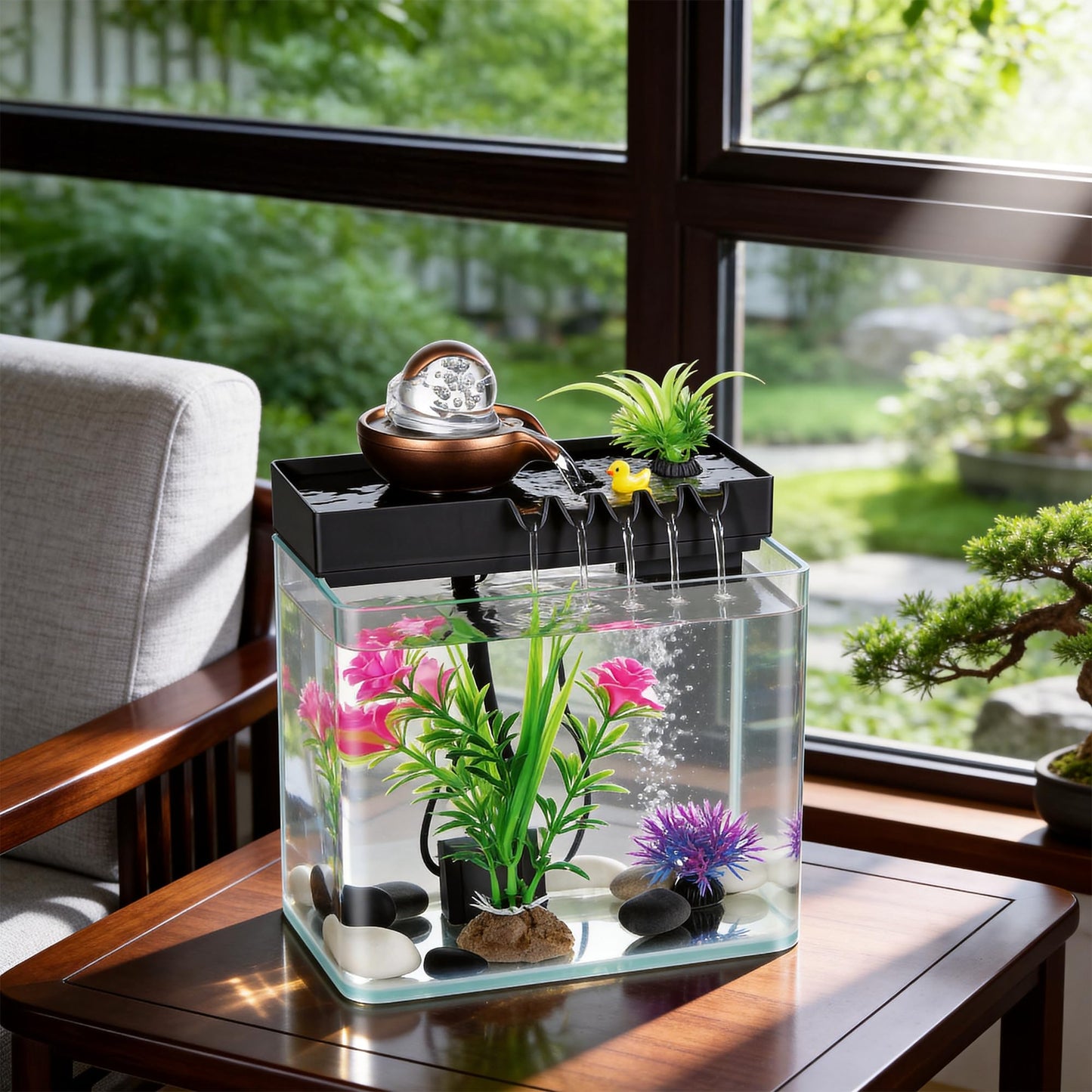 GY SoftGleam Indoor Water Fountain, 5-in-1 Tabletop Waterfall with Fish Tank & Mist Spray Humidifier, Desktop Fountain for Office Decor, Relaxing Small Water Feature for Bedroom Living Room Home