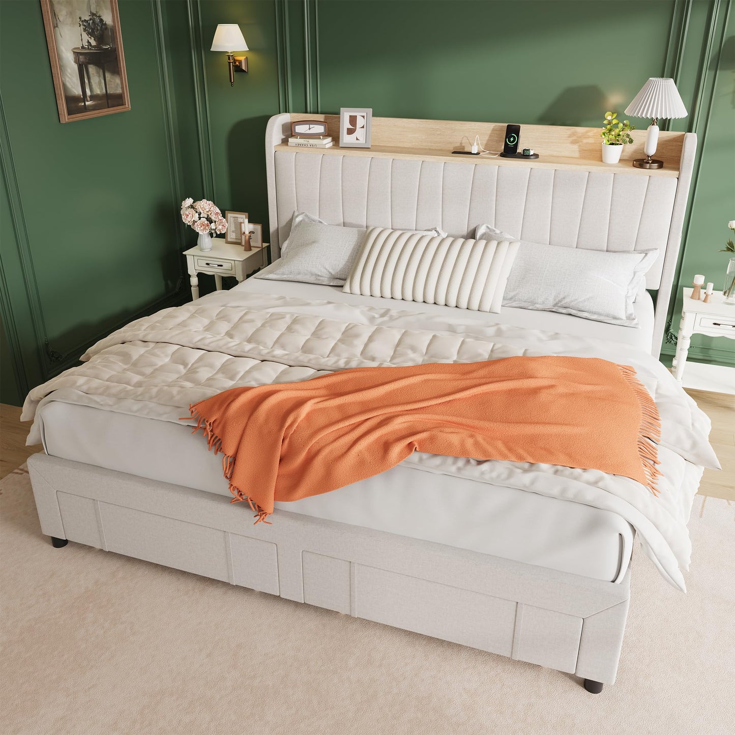 Garvee Upholstered Bed Frame King Size with Storage Headboard and Charging Station, Platform Bed Frame with Drawers, Heavy Duty, No Box Spring Needed, Easy Assembly, Beige