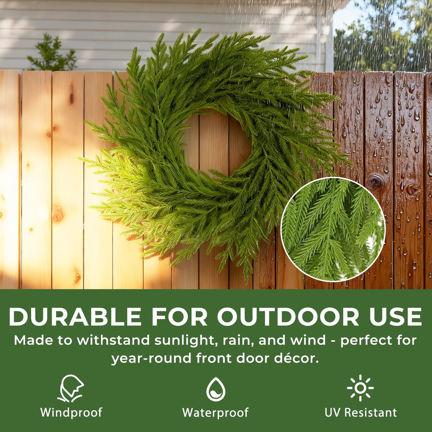 24" Real Touch Norfolk Pine Wreath for Front Door – Artificial Winter Greenery & Farmhouse Wall Decor, All Season Faux Evergreen Round Garland for Spring, Mantel & DIY Base (Waterproof)