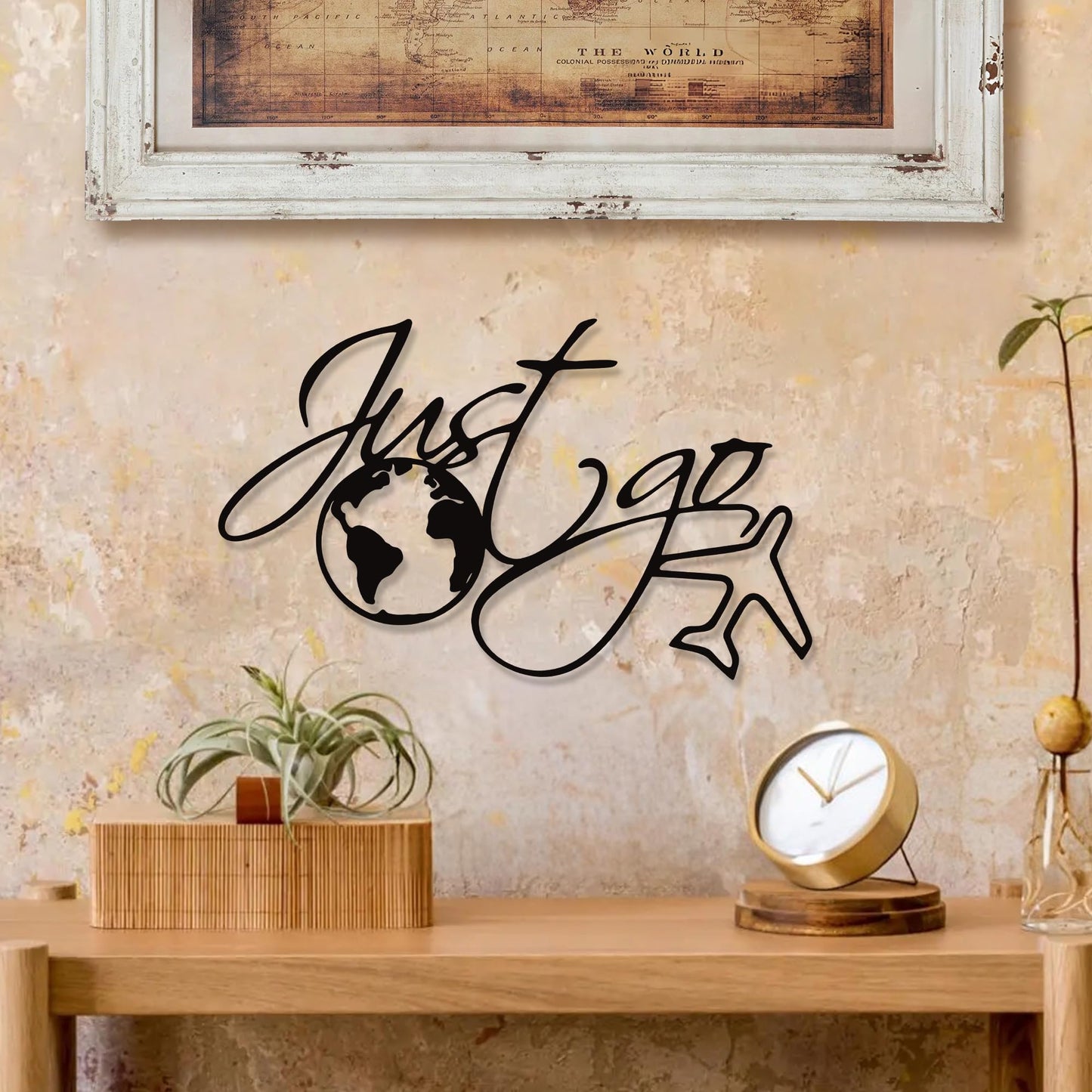 YATEASLU Travel Wall Art Just Go – World Map & Airplane Metal Decor, Adventure Wall Sculpture for Home, Camper & Bathroom – Waterproof Indoor/Outdoor Travel Decorations(15.2x9.3IN)