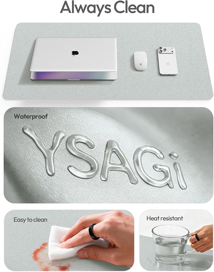 YSAGi Leather Desk Pad Protector, Office Desk Mat, Large Mouse Pad, Non-Slip PU Leather Desk Blotter, Laptop Desk Pad, Waterproof Desk Writing Pad for Office and Home (Silver, 23.6" x 13.8")