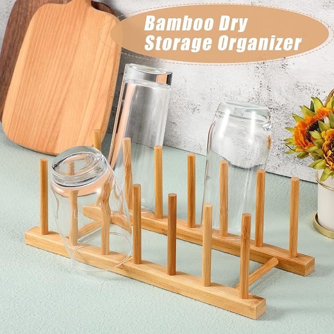 Yinkin 8 Pcs Bamboo Wooden Plate Rack Dish Drying Rack Wood Pot Lid Holder Stand Kitchen Cabinet Organizer for Bowl Cup Cutting Board