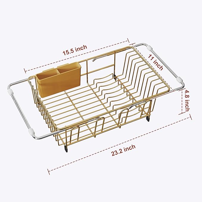 JASIWAY Gold Dish Drying Rack in Sink, Expandable Stainless Steel Dish Drainers for Kitchen Counter, Dish Dryer Rack for Inside Sink, Over The Sink Dish Racks with Utensil Holder