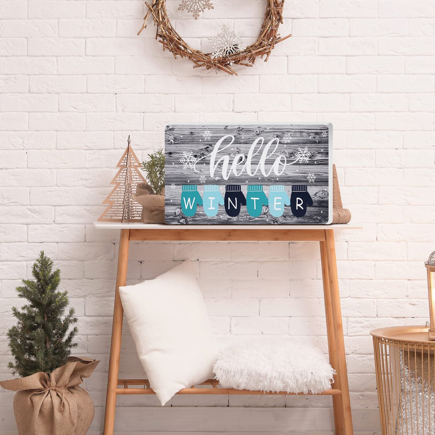 Yalikop Hello Winter Wood Sign for Home Farmhouse Decor 9 x 5.3 Inch Winter Table Centerpiece Freestanding Decor Wooden Cutout Decoration