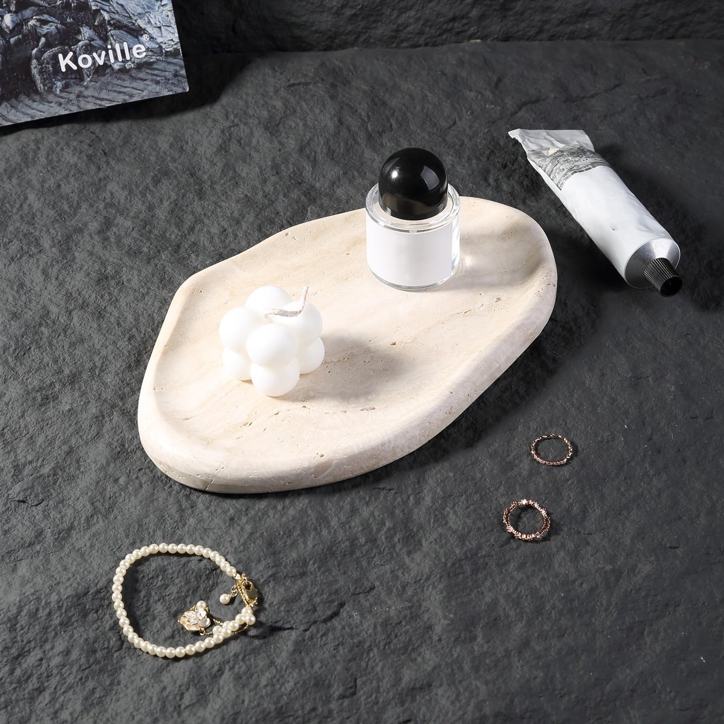 BCS Marble Jewelry Tray Trinket Dish, Decorative Cloud Vanity Key Tray for Women, Perfume Ring Holder Dish for Ring Earring, Cute Jewelry Plate Bowl Aesthetic Room Decor(Beige Travertine)