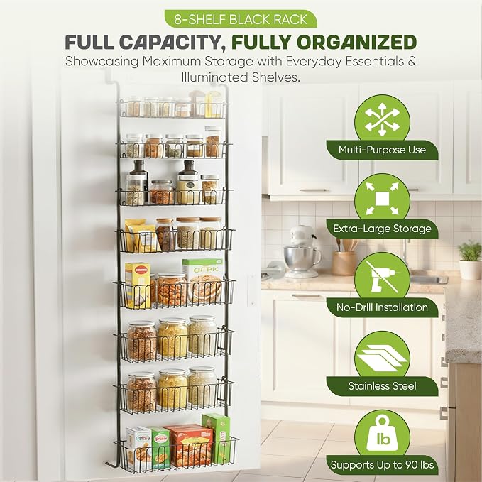 Over Door Organizer Storage - 6 Tier Black Metal Over the Door Pantry Organizer Heavy Duty Hanging Storage Rack, Behind Cabinet Shelves for Home, Kitchen, Bathroom, Closet, Pantry
