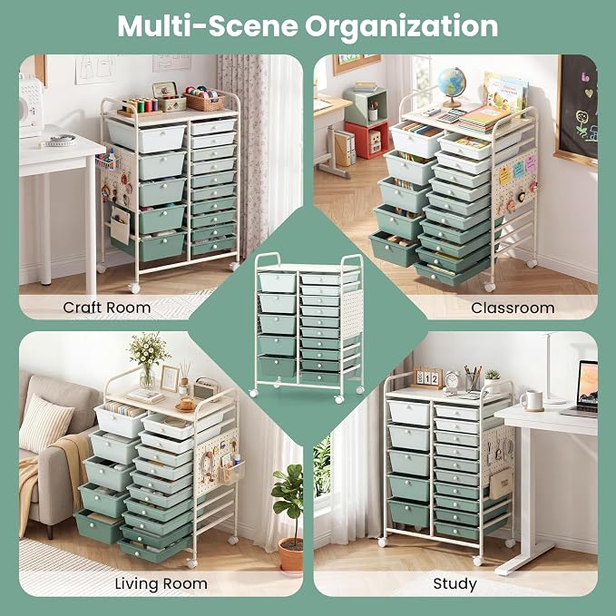 GOFLAME 15-Drawer Rolling Storage Cart with Pegboard, Craft Storage Cart with Lockable Wheels and Metal Frame, Art Cart Supply Storage Organizer for Home Office Classroom, Green Gradient