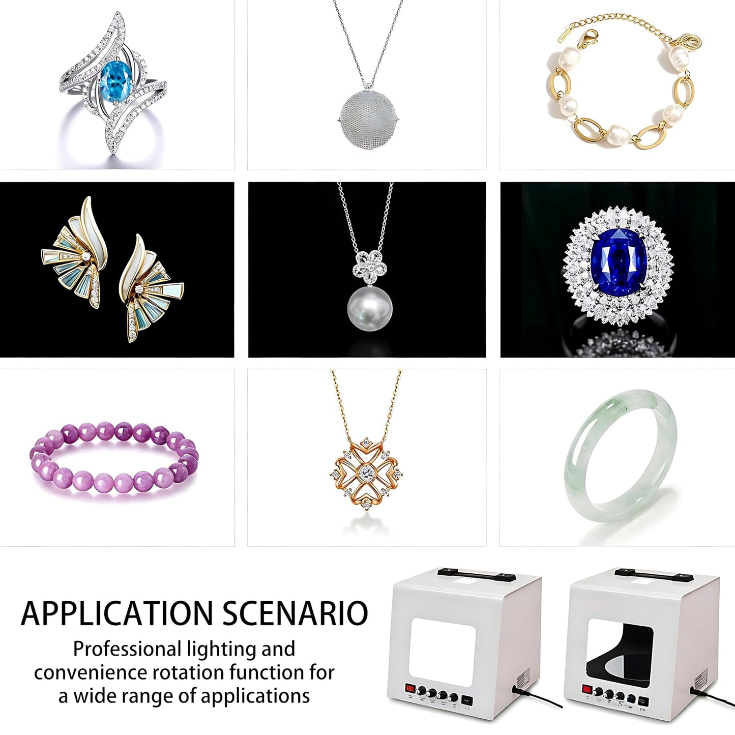 QIUNAOZI Adjustable Turntable Premium Photo Studio, Professional Jewelry Photography Light Box Kit, Hanging Bracket, 4pcs Fill Lights, Adjustable Brightness, for Jewelry, Small Items White-TB30