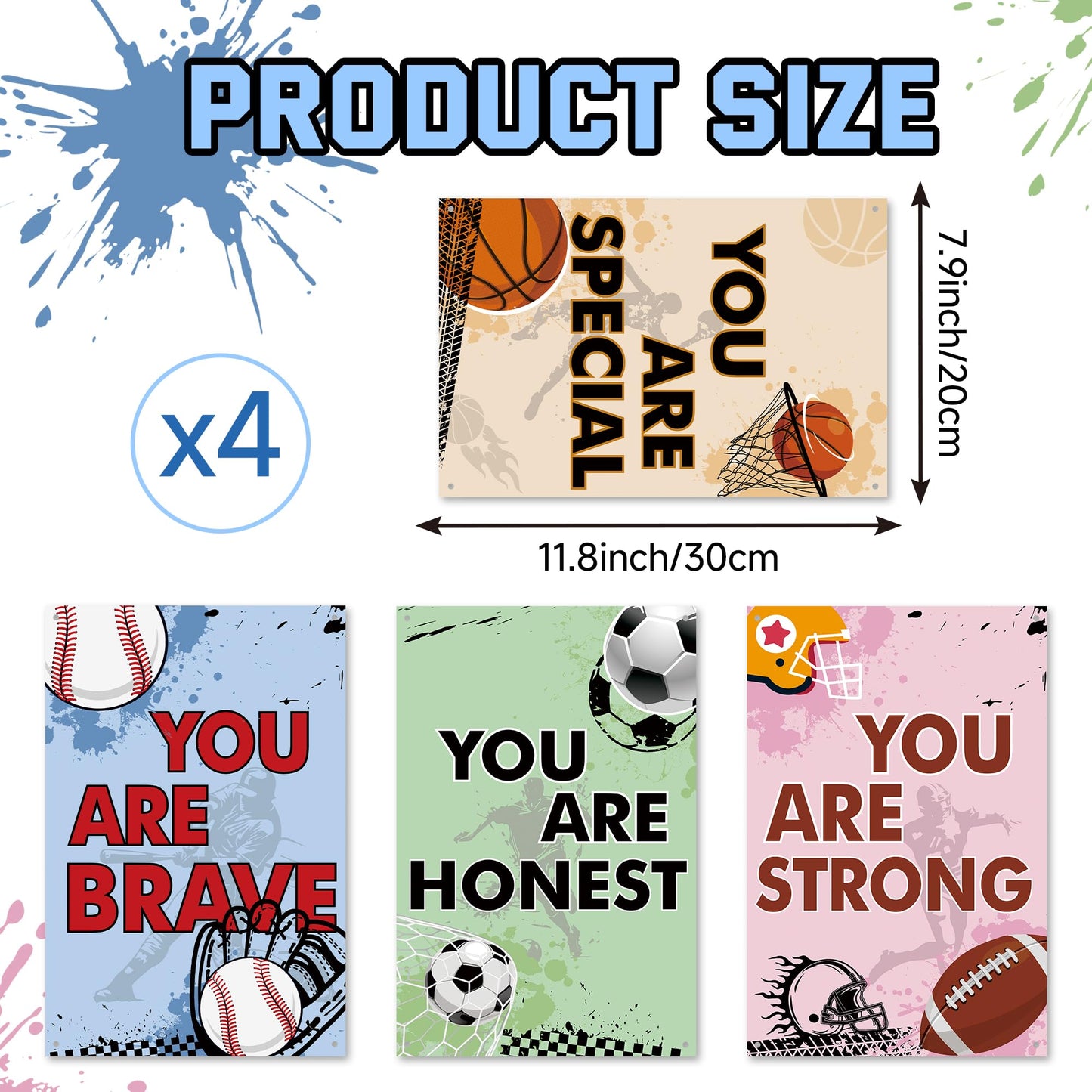 4 Pcs Sports Bedroom Inspirational Wall Decor Sign for Kids, Soccer Basketball Baseball Rugby Decor, Art Inspired Hanging Signs Boys Girls Kids Nursery School Nursery School