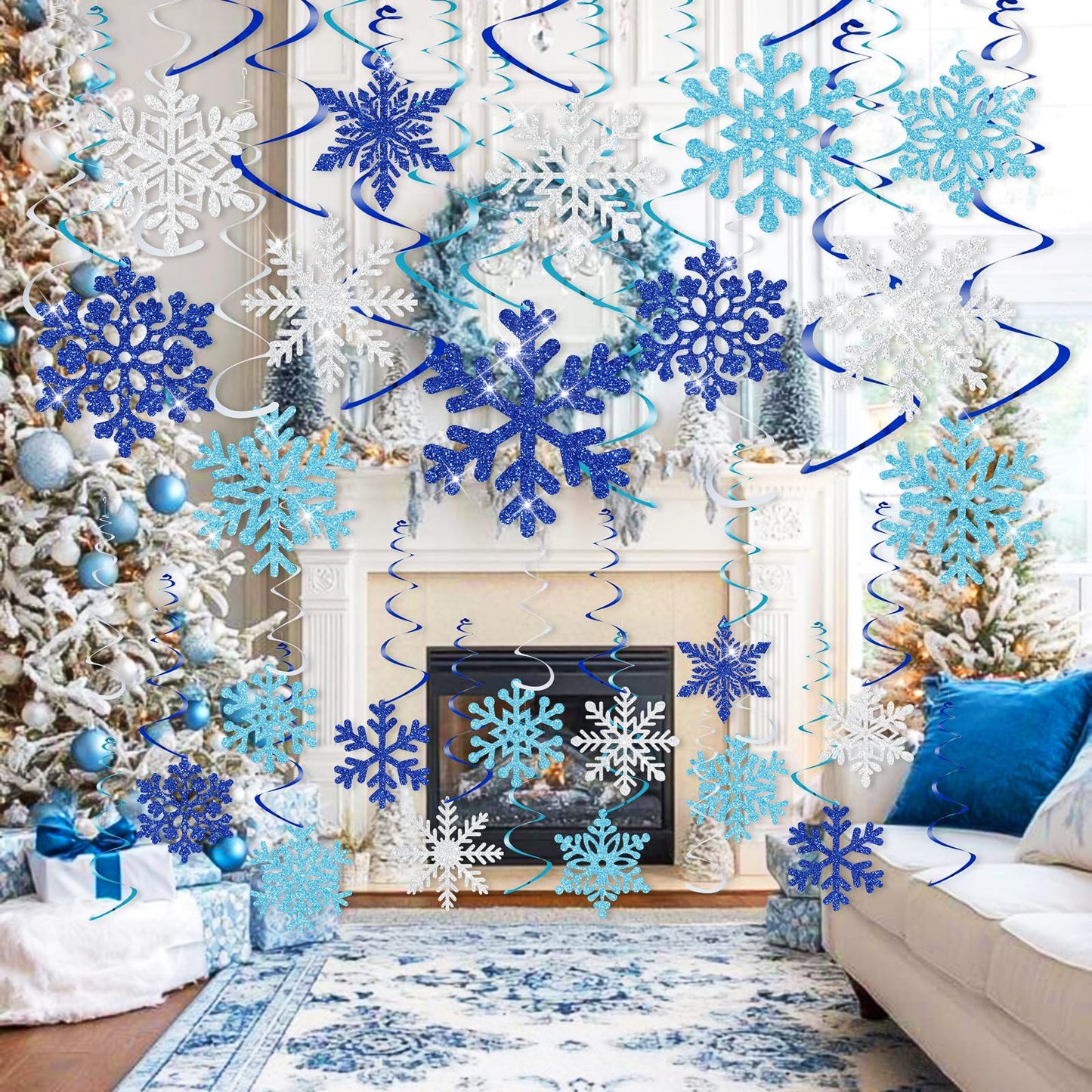 30Pcs Winter Glitter Snowflake Hanging Swirl Decorations Winter Wonderland Decorations Christmas Snowflake Hanging Swirls Ceiling Streamers Baby Shower Hanging Decor Birthday Wedding Party Supplies