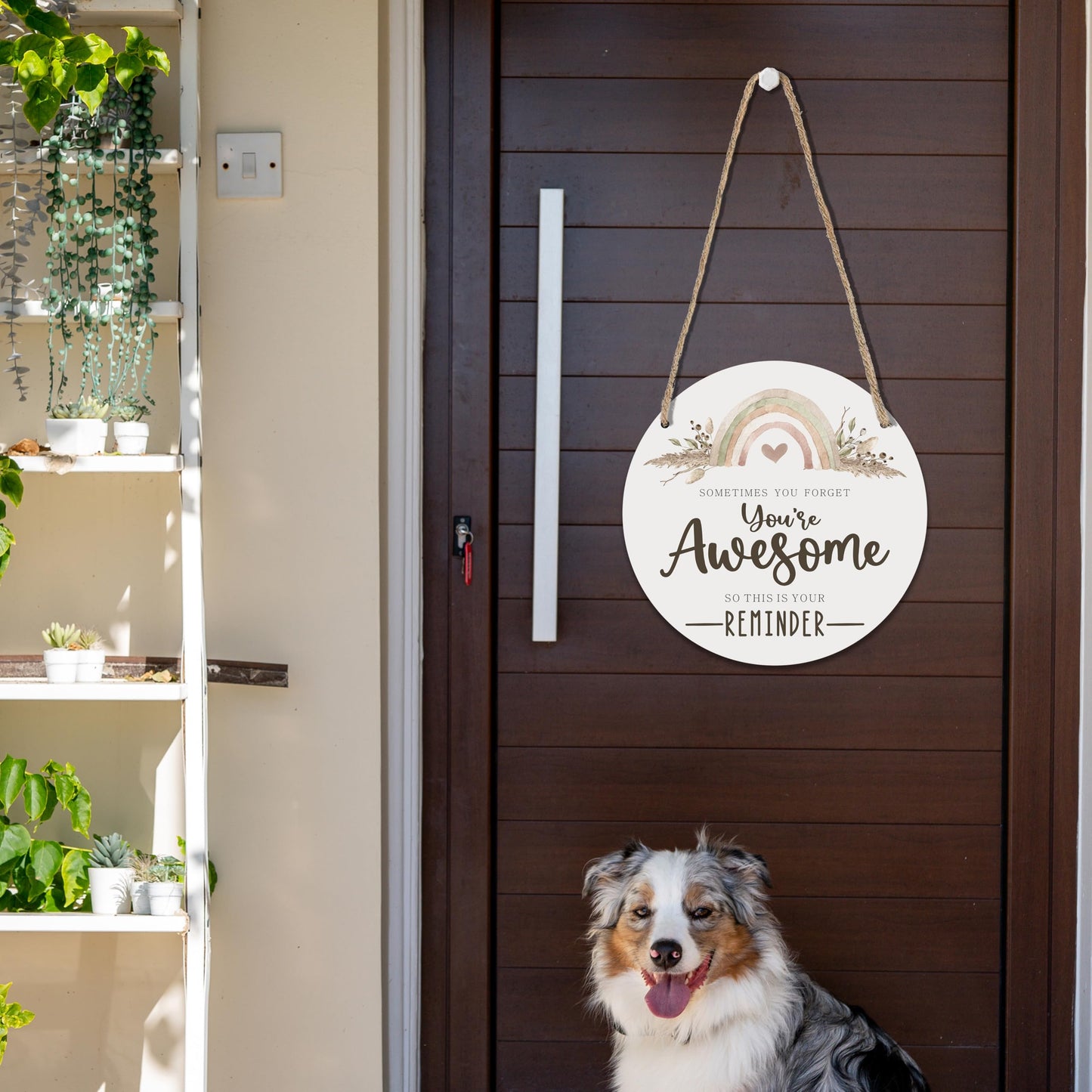 Boho Wooden Sign for Front Door - You're awesome - Inspirational House Welcome Sign, Positive Round Wood Hanging Sign for House Home Decor, Housewarming Gifts 10 Inches- B06