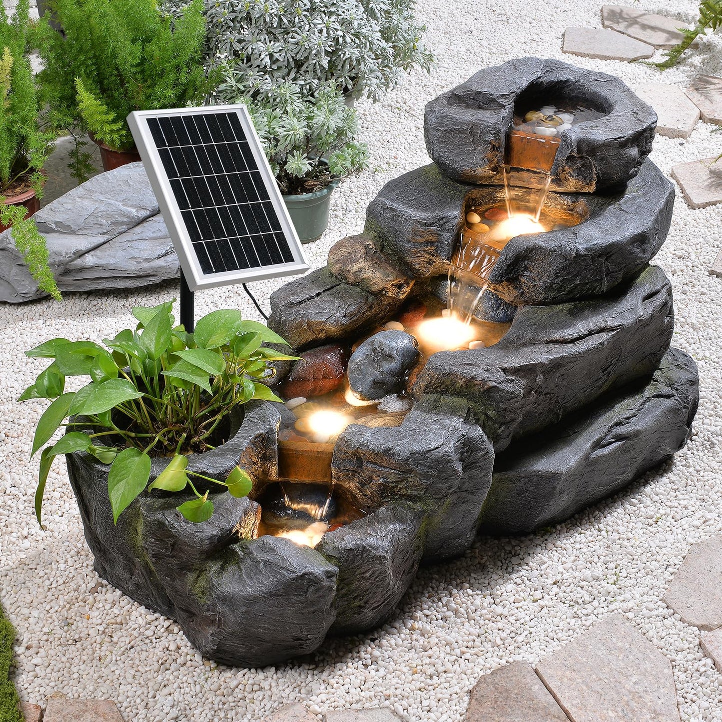 Pivotify 5-Tier Solar Water Fountain Outdoor, 38.2" L Rock Waterfall Fountains Solar Powered Floor Standing Outdoor Water Feature with LED Lights for Patio, Garden,Porch, Yard, Home Art Decor(Grey)