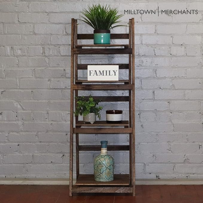Ladder Shelf - Wooden Ladder Bookshelf - Leaning Bookshelf - Rustic Bookcase - Folding Bookcase (Dark Brown Ladder Shelf)