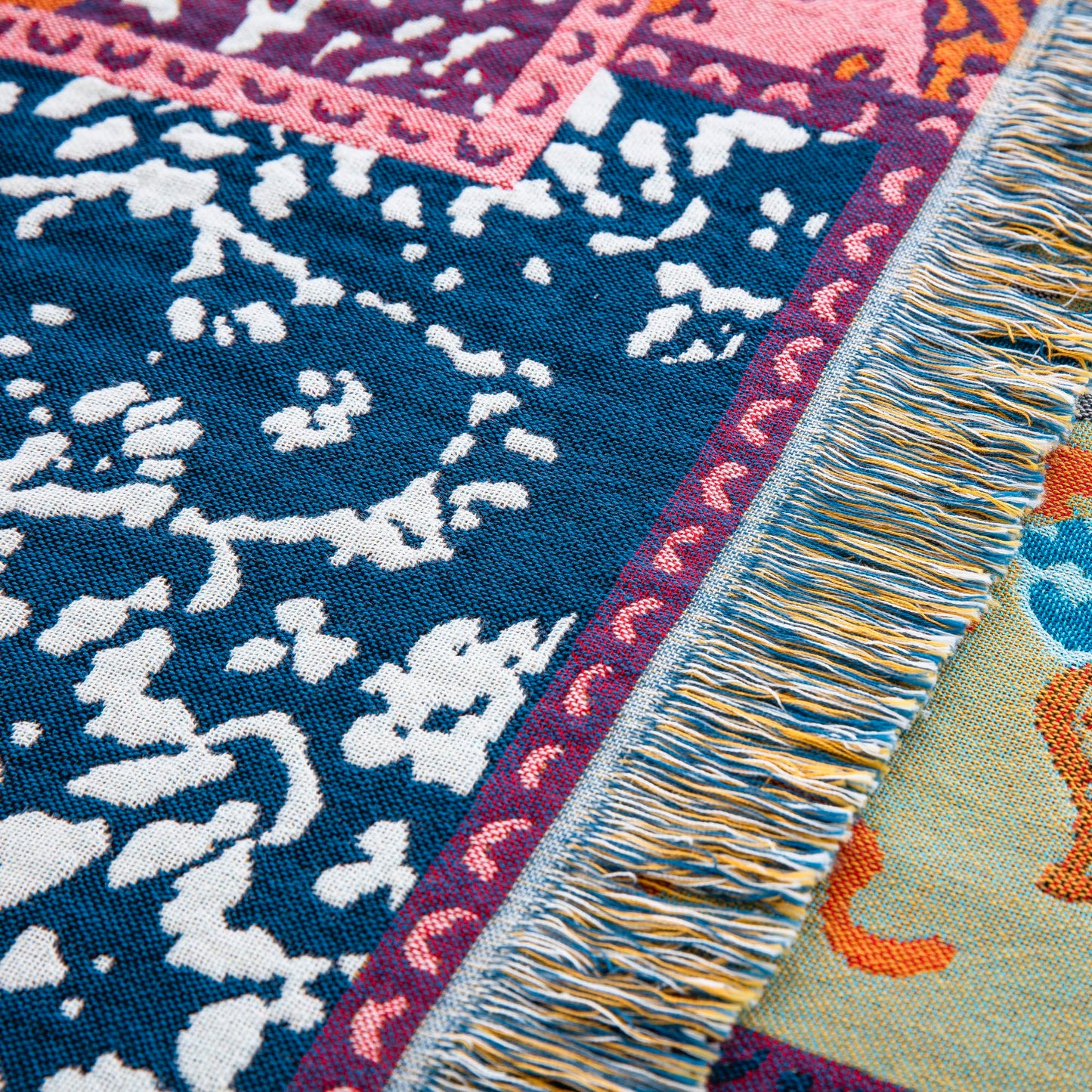 BRYALIX 100% Cotton Muslin Floral Bed Throw Blanket, Lightweight Muslin Quilt, Boho Farmhouse with Fringe, Blue Orange Pink Patchwork, Reversible Jacquard Blanket for Home, Picnic, Travel, 90"x98"