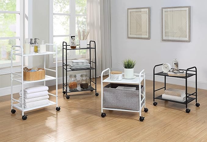 SunnyPoint 2-Tier Metal Rolling Utility Cart – Mobile Storage Shelf with Caster Wheels – Small Space Organizer for Home, Office, Bedroom, Kitchen (WHT) (Pack of 2)