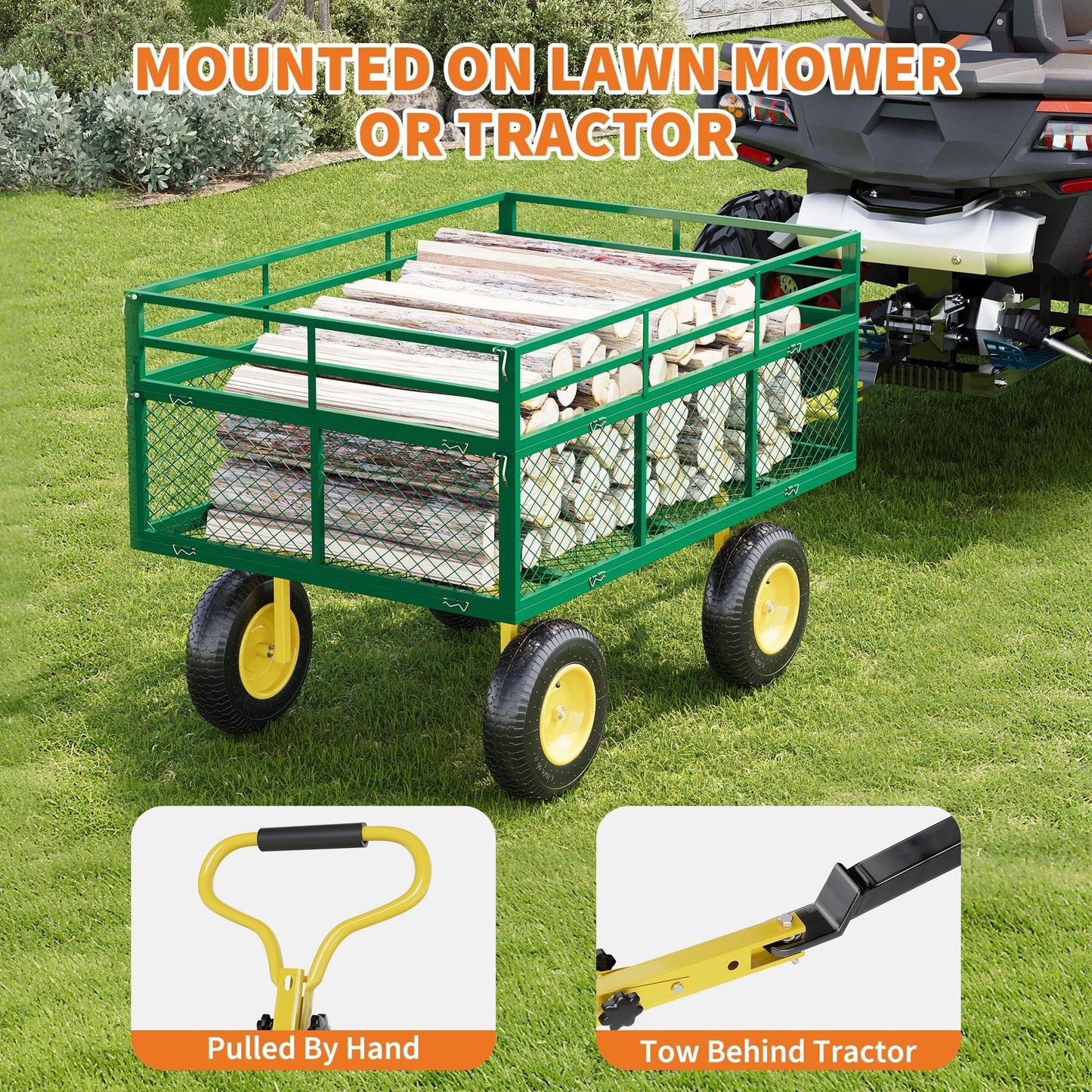 1400 Lbs Load Capacity Garden Cart, Metal Multi-Function Heavy-Duty Steel Garden Wagon, 3-in-1 Cart with 13 Inch All-Terrain Tires and Removable Mesh Side Panels, 180° Rotating Handle, Outdoor Gardens