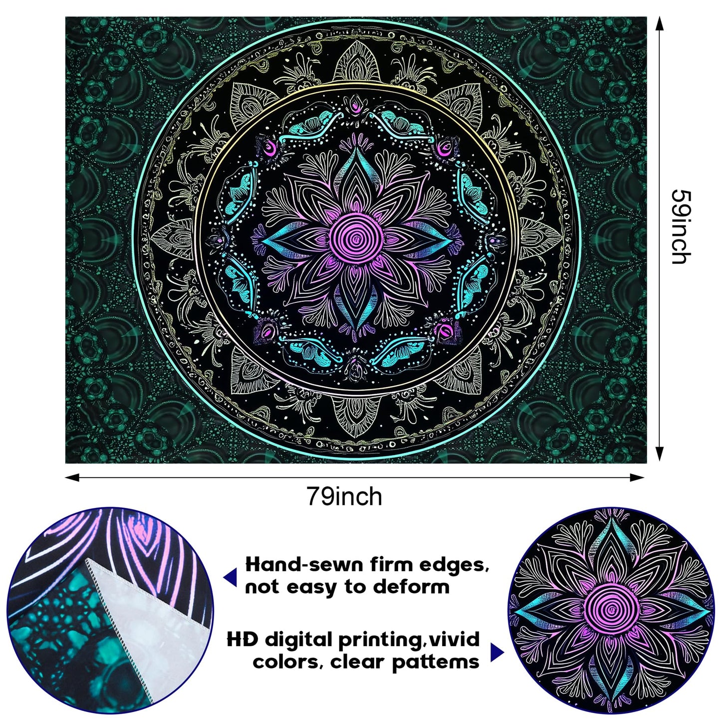 NYZE Blacklight Mandala Tapestry Wall Hanging Bohemian Wall Decor Psychedelic Peacock Indian Hippie Wall Art Boho College Dorm Beach Throws Table Cloth Bedding Tapestry 79×59in