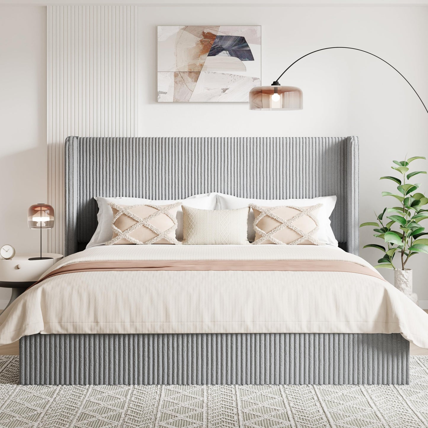 Allewie King Lift-Up Storage Bed Frame with Modern Wingback Headboard, Corduroy Upholstered Platform Bed, Hydraulic Gas Lift Support, Underbed Storage, Wooden Slats, No Box Spring Needed, Grey
