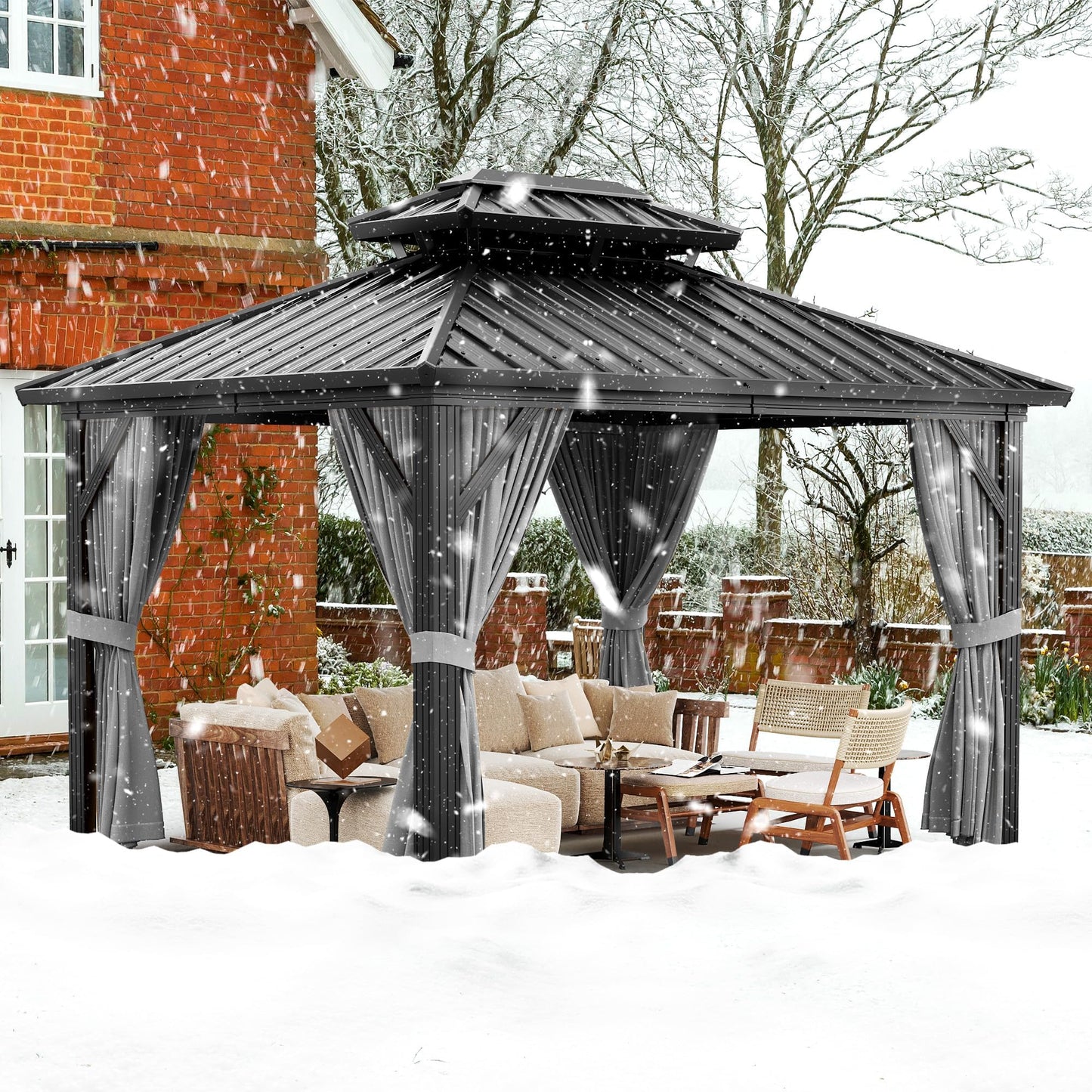 10 X12 ft Hardtop Gazebo, Galvanized Steel Double Roof with Curtains and Netting, Aluminum Frame Patio Gazebo for Patio, Garden and Lawn