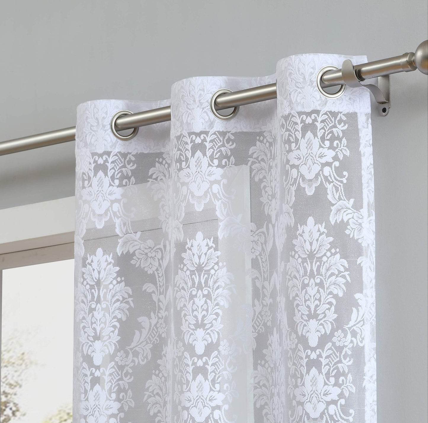 LinenZone Luxury White Knitted Lace Curtain Panels Pair of 2 with Beautiful Scalloped Bottom. Premium Farmhouse Curtains for Living Room, Bedroom and Dining Room Décor. (Lisa 38 x 63, White)