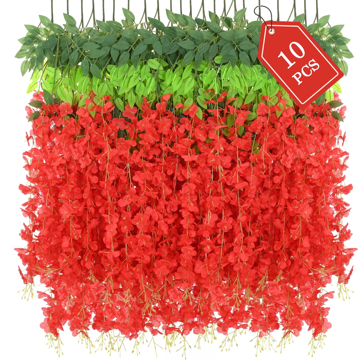 BLEUM CADE Artificial Wisteria Hanging Flowers, 10 Pcs Red, 3.6Ft/Pcs, Decorative Plant Garland for Home, Wedding, Party Decorations