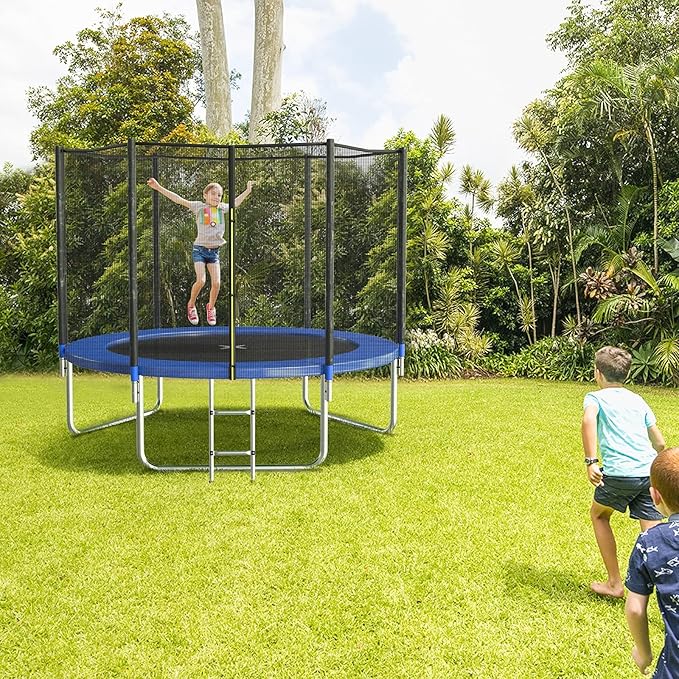 AOTOB 8FT 10FT 12FT 14 FT 15FT Trampoline with Safety Enclosure Net,Outdoor Trampoline with Basketball Hoop, Heavy Duty Jumping Mat and Spring Cover Padding for Kids and Adults, Storage Bag and Ladder