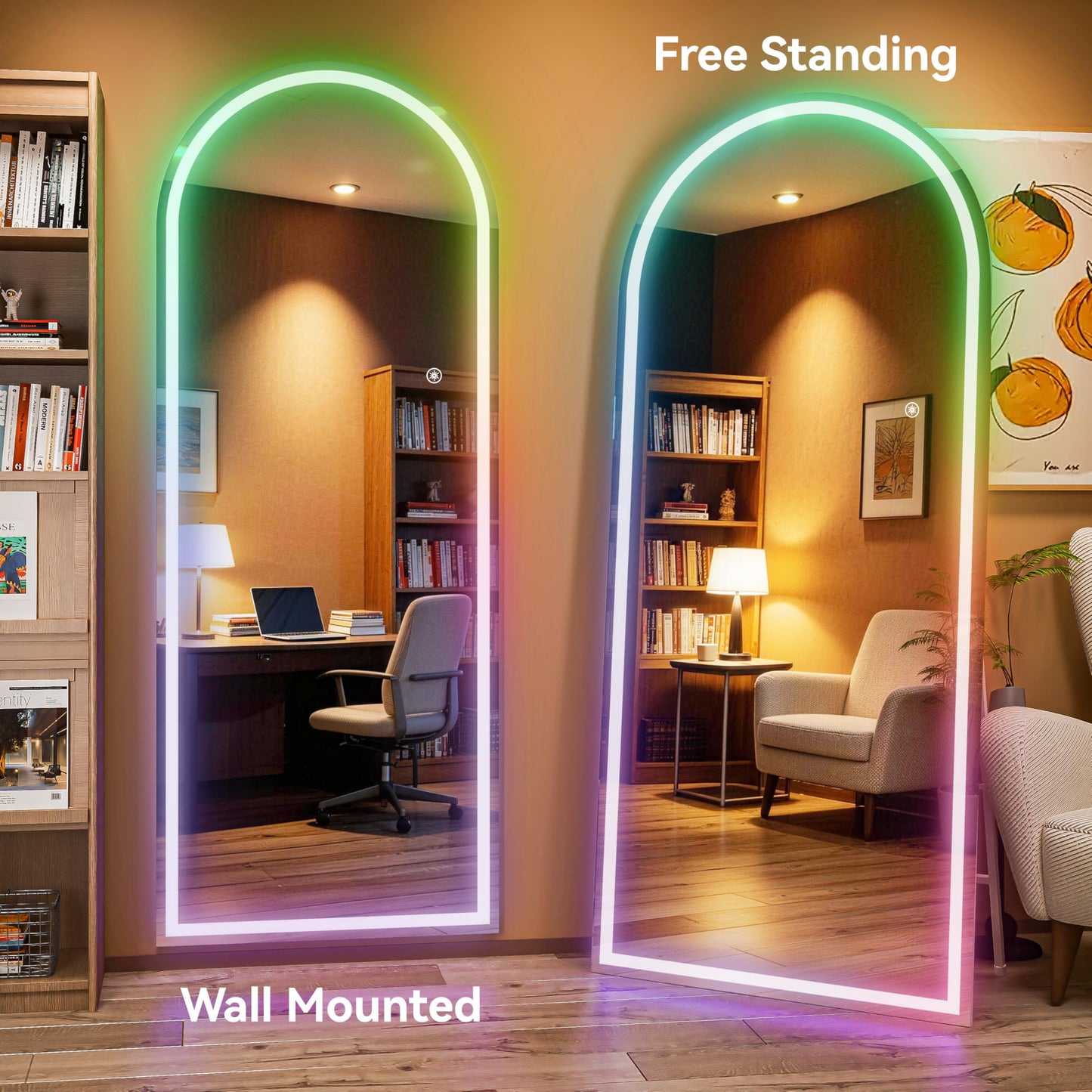 Hasipu Arch Full Length Mirror 79 x 36 in with Stand — Arch LED RGB Full Body Mirror, 7 Lighting Modes, Dimmable, Built‑in Bluetooth Speaker, White Frame for Bedroom Dressing Room