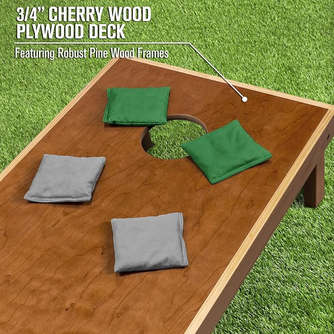 GoSports 4 ft x 2 ft Commercial Grade Cornhole Boards Set - Natural Wood Cornhole Boards, Choose from Different Bean Bag Color Combinations - Dark Green & Gray