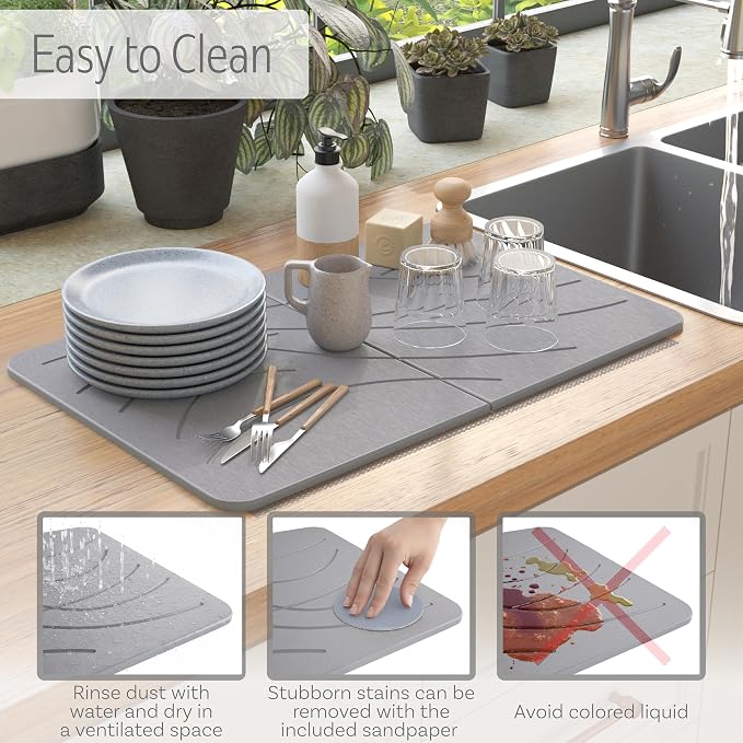 LARGE | PREMIUM | Stone Dish Mat + Bamboo Rack | 24โ x 16โ | Foldable (Light Gray)