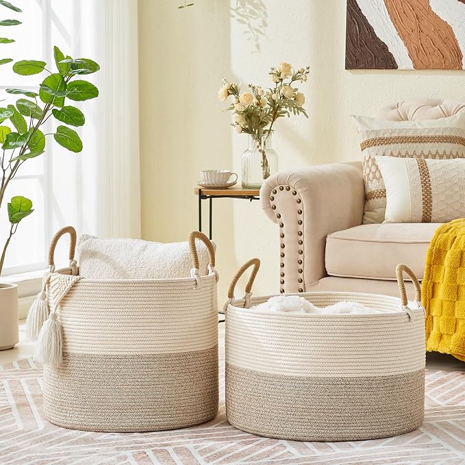 KAKAMAY Cotton Rope Storage Basket (20"x13"),Woven Hamper for Blankets,Toys,Pillows,Clothes,Laundry,Sturdy Handles Decorative Basket for Living Room, Bedroom,Nursery(Beige)