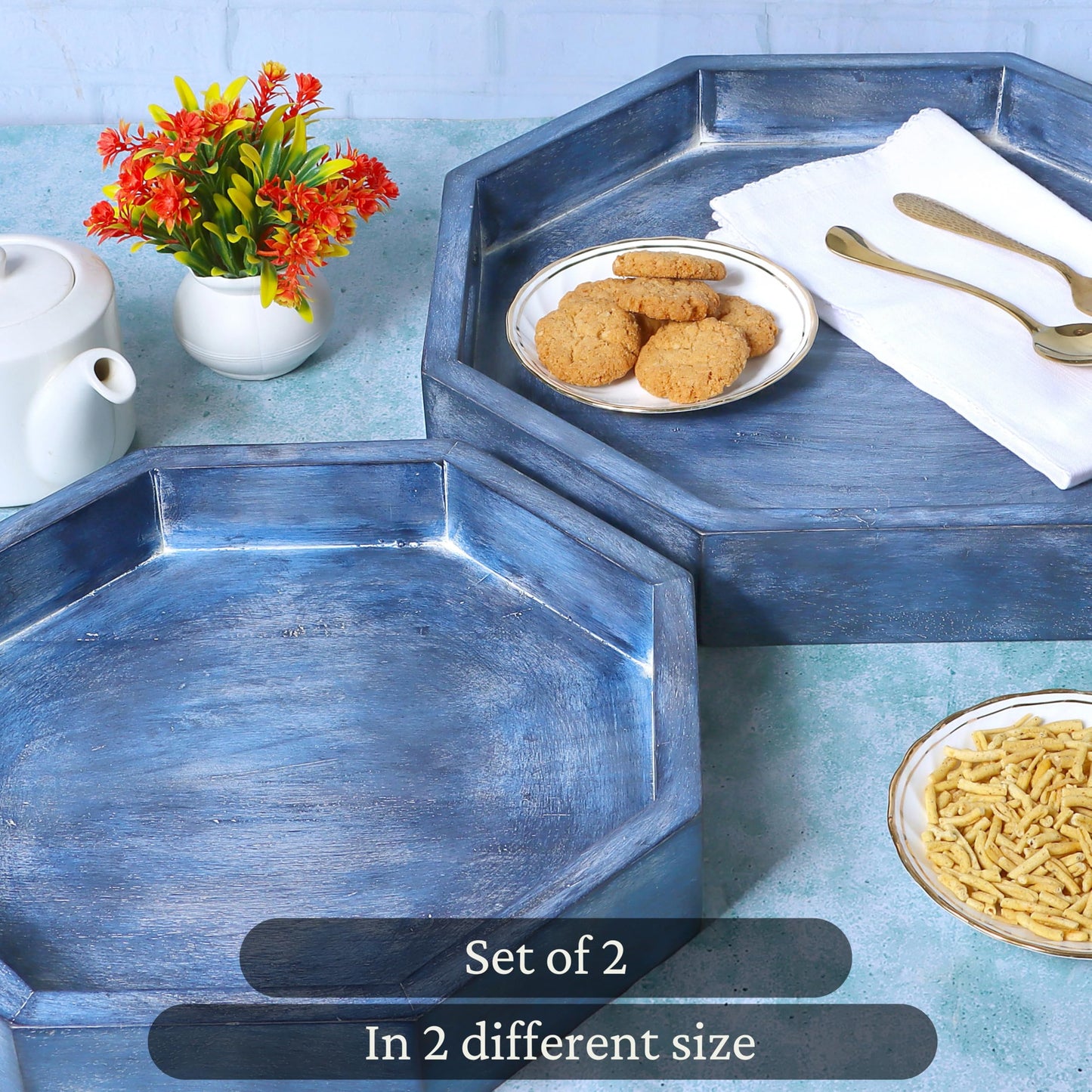Ottoman Wooden Serving Tray Set of 2 - Decorative Handmade Vanity Platter for Kitchen, Bathroom, Countertop Organizer, Fruit Bowl, Rustic Wooden Trays for Home Décor (Blue) - ALPHA Living HOME